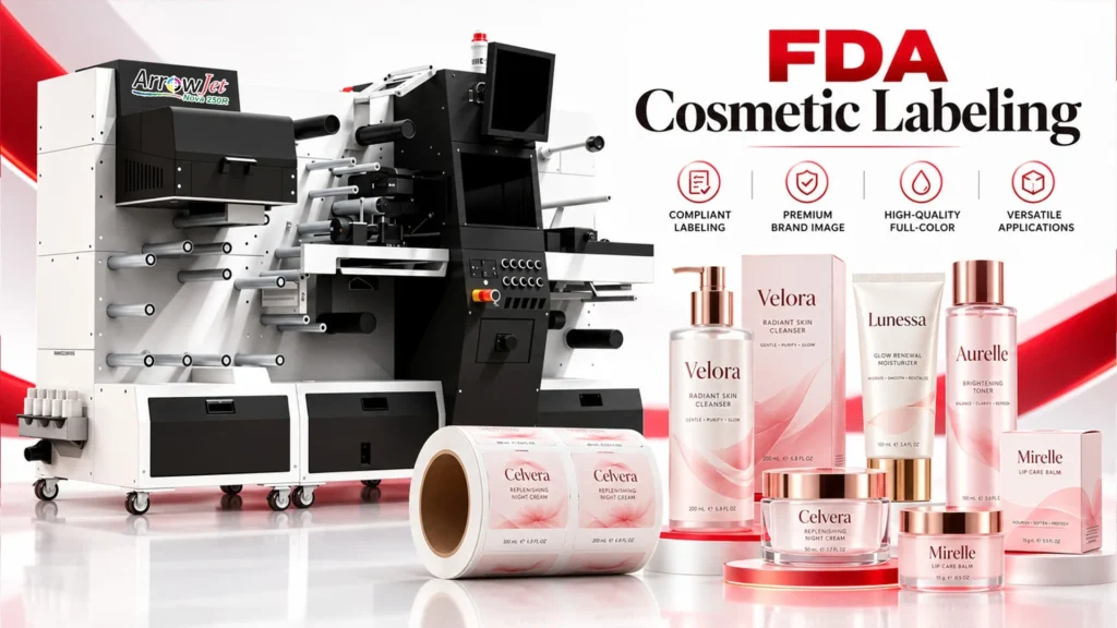 ArrowJet Nova 250R inline digital printer and laser die-cutter for producing precise FDA and MoCRA-compliant cosmetic labels
