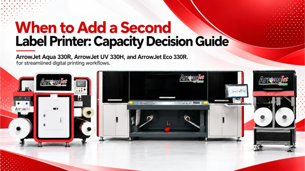 Two ArrowJet digital label presses running side by side — second label printer capacity decision.