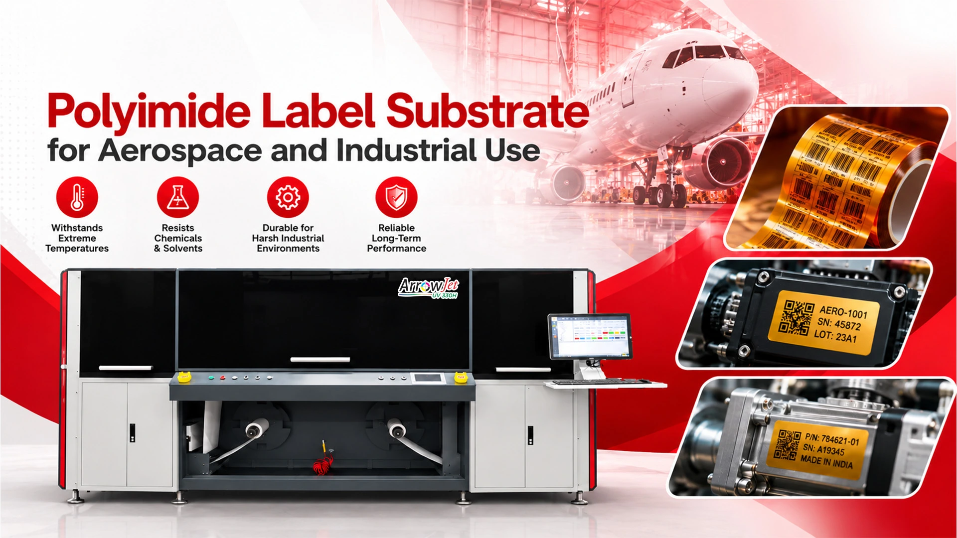 ArrowJet UV 330H hybrid UV label press printing serialized industrial labels on specialty film.