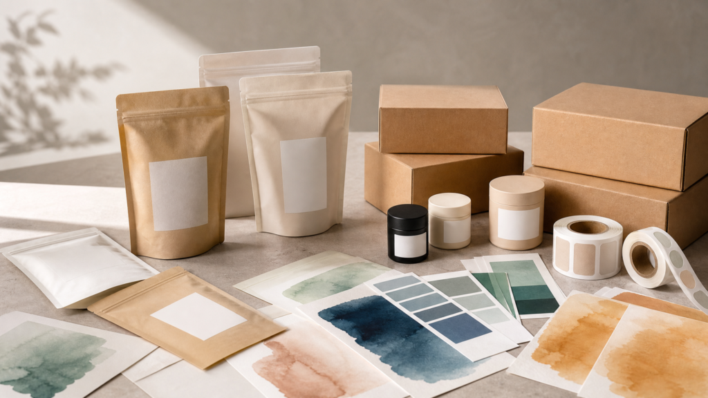 Finished labels pouches boxes and ink color samples representing ArrowJet uses