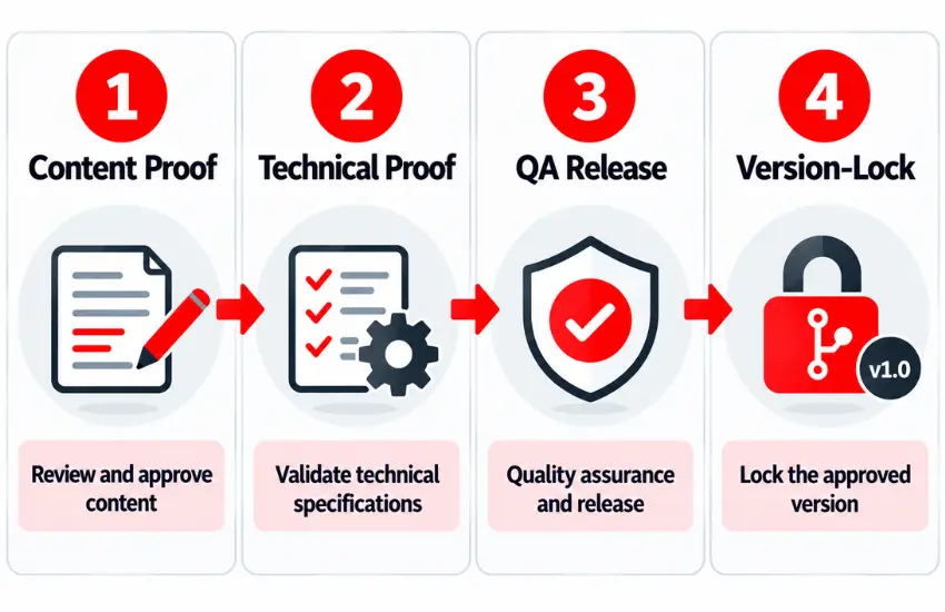 Artwork proofing and version-lock sequence for pharmaceutical label change control.