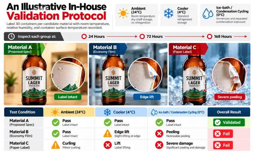 In-house cold-chain label validation results across ambient, cooler, and ice-bath conditions.