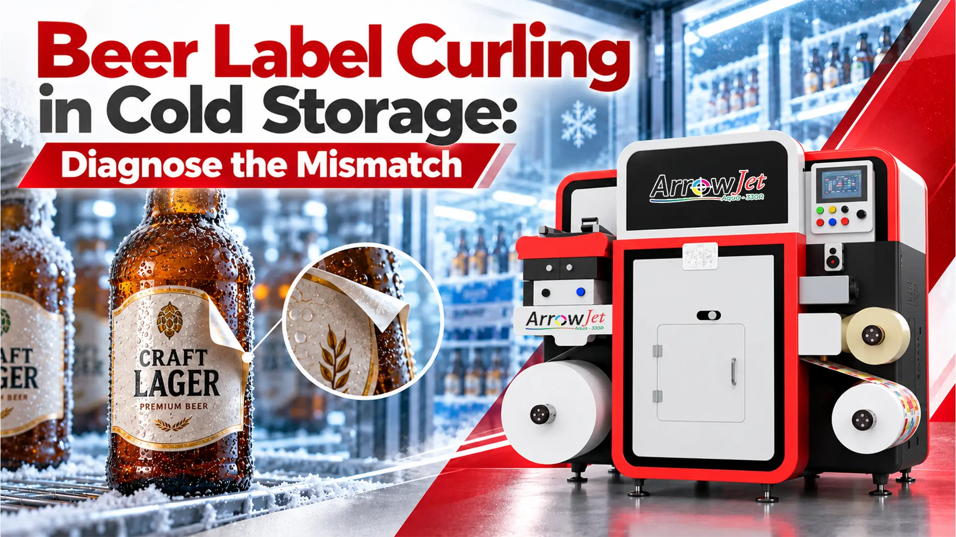 Curled beer label on a chilled bottle showing cold-storage adhesion failure.