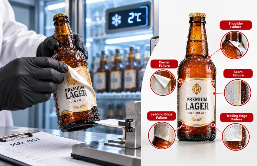 Peel test diagnostic sequence for beer label curl and adhesion failure.