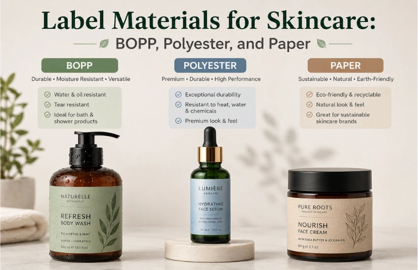 Polypropylene (BOPP) and polyester (PET) label substrates for cosmetic skincare packaging