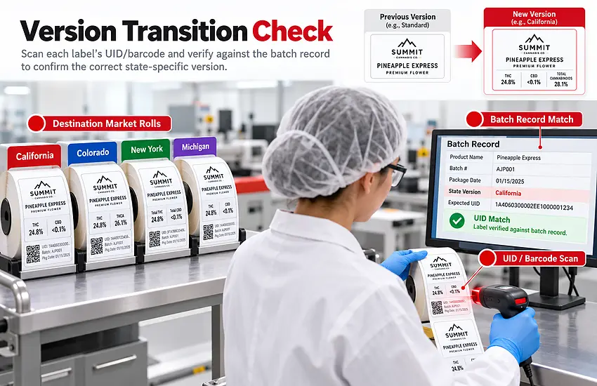 Operator verifying a scanned cannabis label barcode against the batch record before rolls leave production.