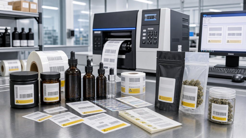 CBD and cannabis packages with controlled warnings, lot data, barcodes, and durable printed labels