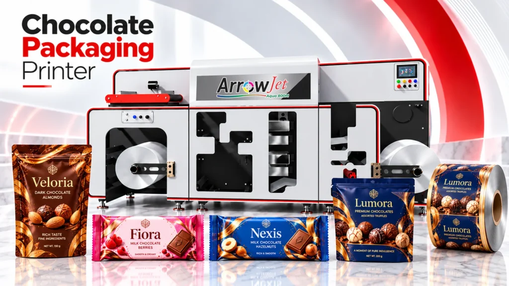 Digital chocolate packaging printer producing short-run custom confectionery pouches and wrappers — enabling 50–500 unit runs without flexographic plate costs
