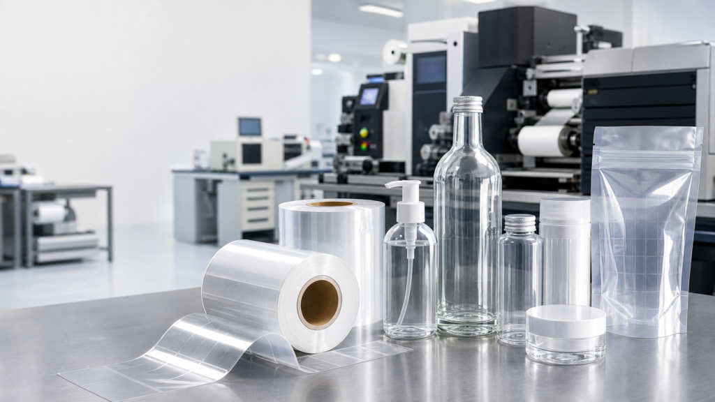 Clear product labels on glass and plastic containers showing different film and adhesive choices
