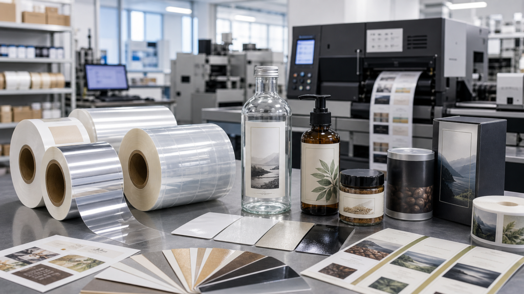 Paper and film label samples with gloss, matte, and selective varnish finishes on product containers
