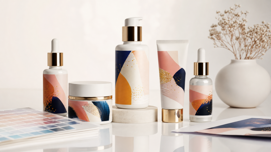 Cosmetic bottles and jars with detailed digitally printed labels and color swatches