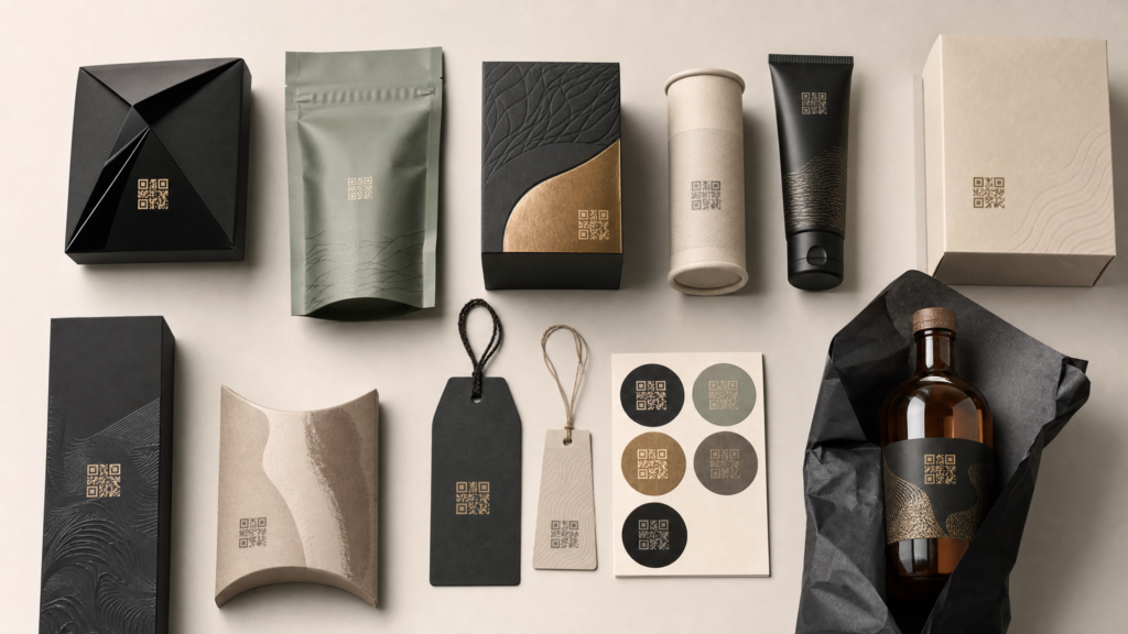 Seven product packages showing custom shapes, textures, clear areas, and variable label designs