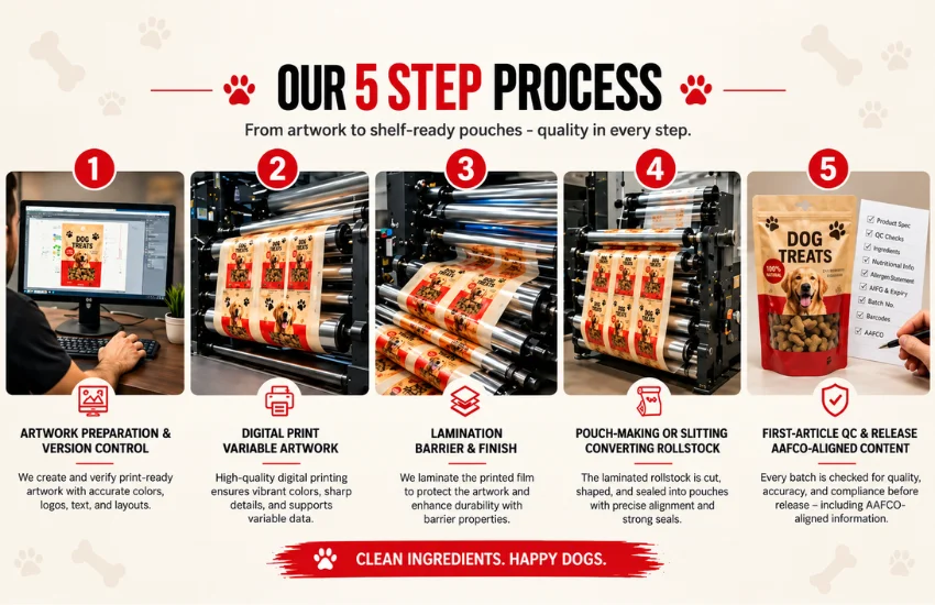 Digital printing process for custom dog treat bag production showing in-house workflow steps from artwork to finished pouch