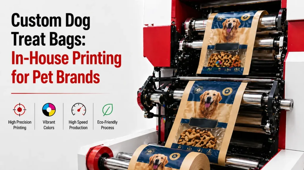 ArrowJet Eco 330R digital flexible packaging press printing custom dog treat bags for a pet brand in-house operation