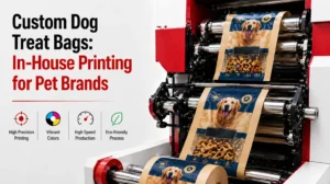 ArrowJet Eco 330R digital flexible packaging press printing custom dog treat bags for a pet brand in-house operation
