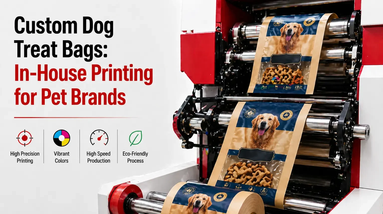 ArrowJet Eco 330R digital flexible packaging press printing custom dog treat bags for a pet brand in-house operation