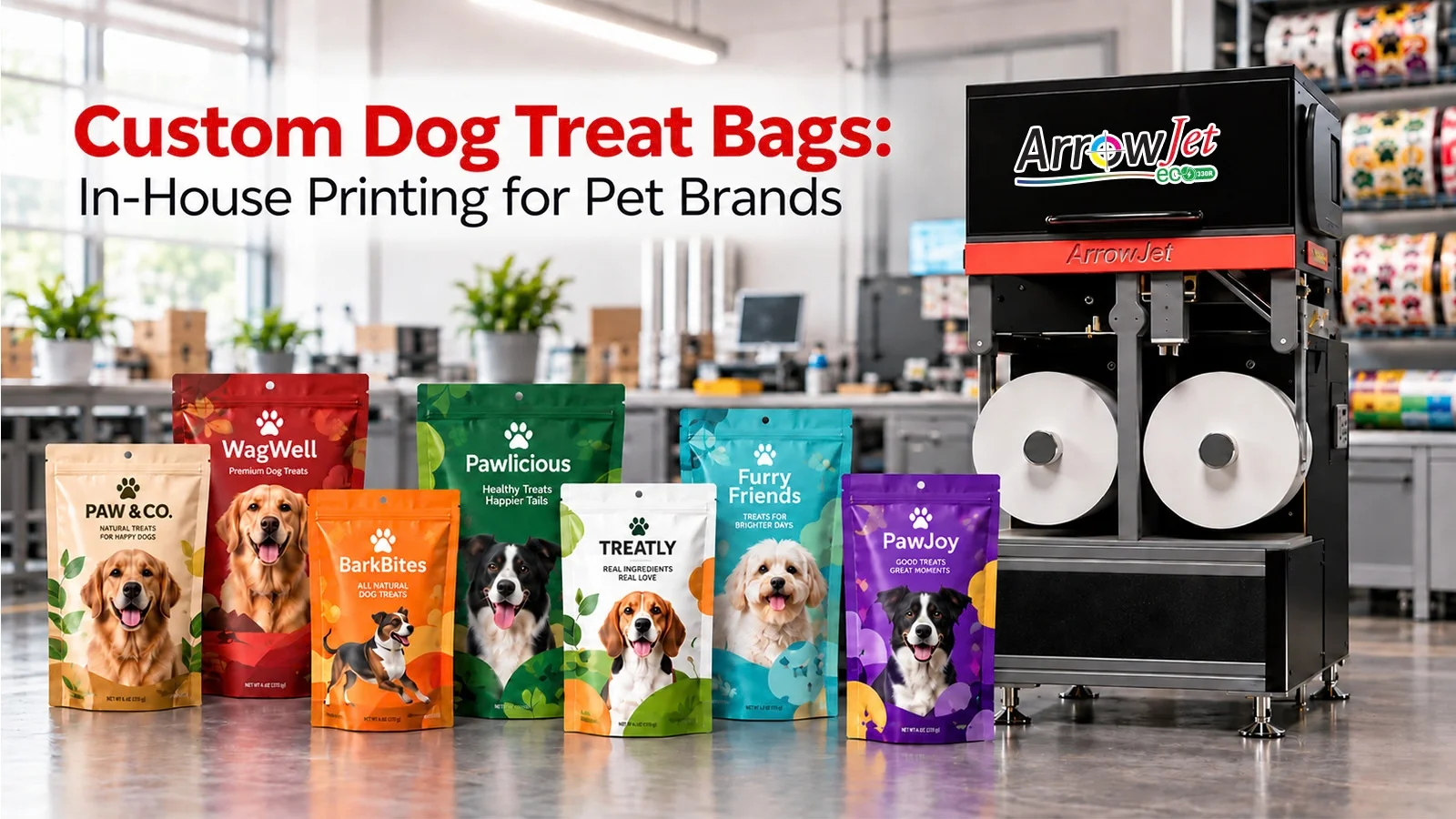 ArrowJet Eco 330R digital press printing custom dog treat bags in-house — eliminating converter lead times for pet brands