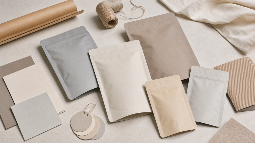 Blank custom labels and flexible pouches arranged in small production quantities