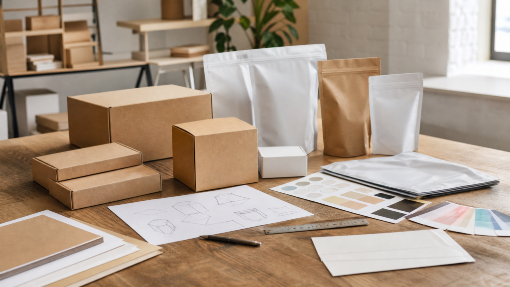 Custom box pouch mailer and label samples on a packaging planning table