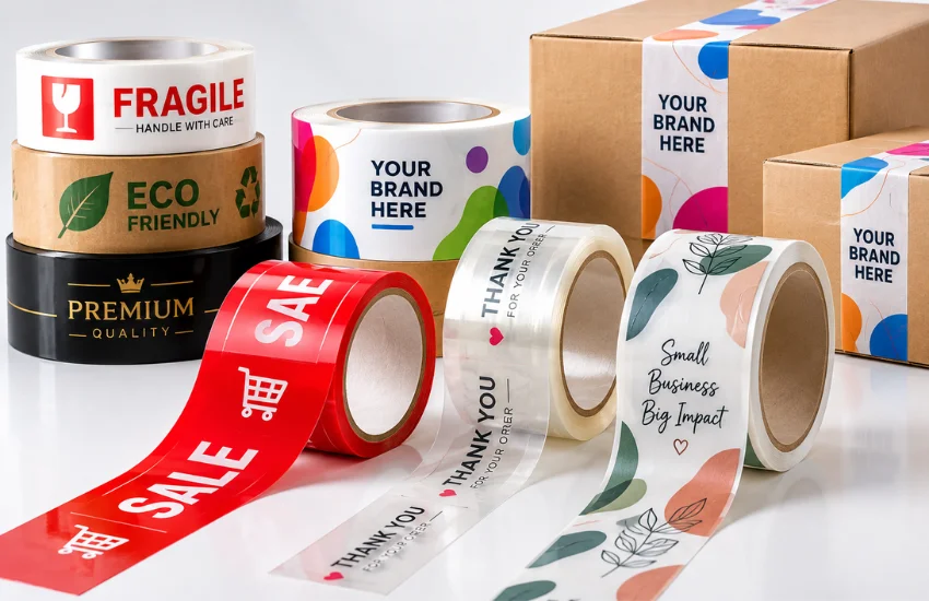 Custom printed tape on e-commerce shipping boxes delivering branded packaging experience with no minimum order quantity constraints