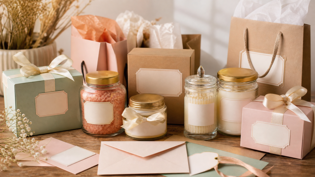 Assorted personalized labels and custom paper products arranged for fulfillment