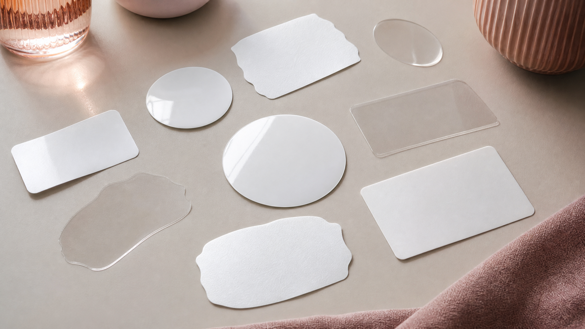 Matte, glossy, and continuous blank label materials arranged for printer comparison