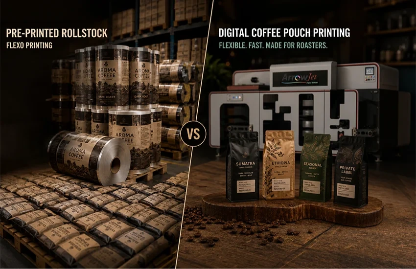 Comparison of flexo converter rollstock production versus in-house digital coffee pouch printing showing workflow and cost differences.