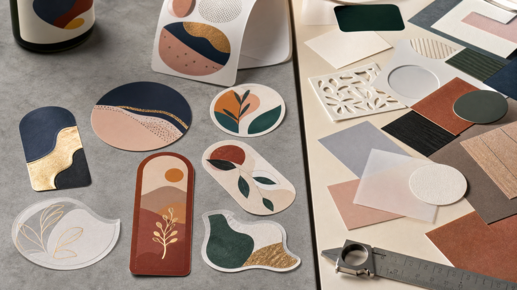 Digital and analog label finishing samples beside cutting tools