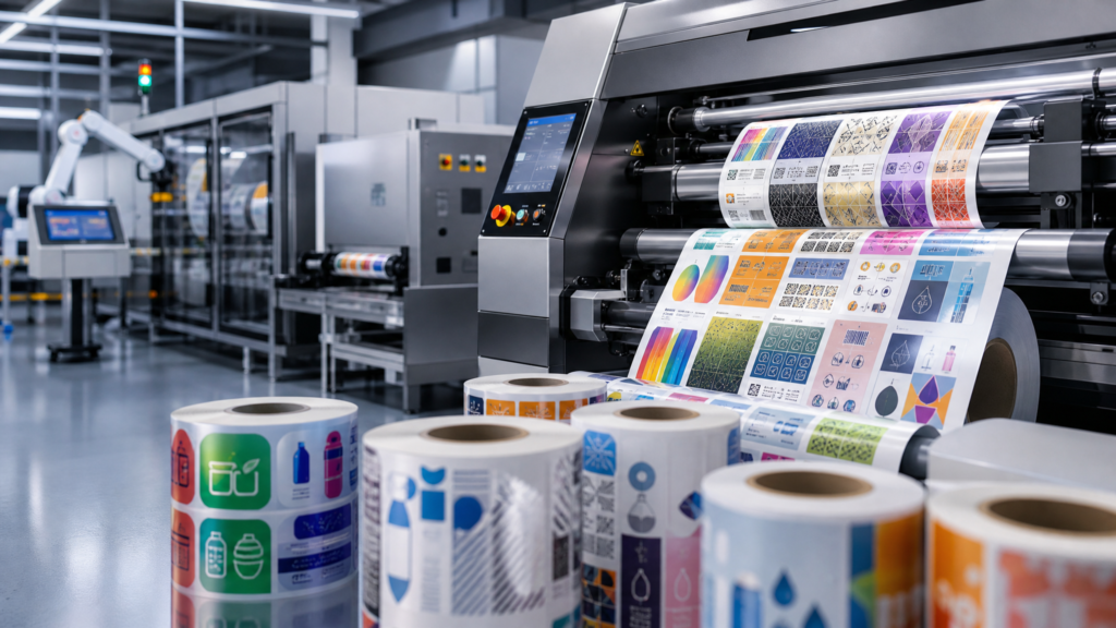 Digital label press producing several colorful roll-label versions for product packaging