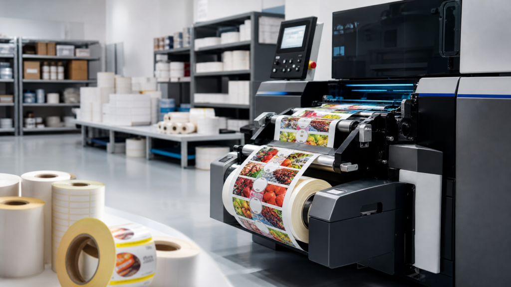 Roll labels feeding through a digital color label production system in an organized workspace