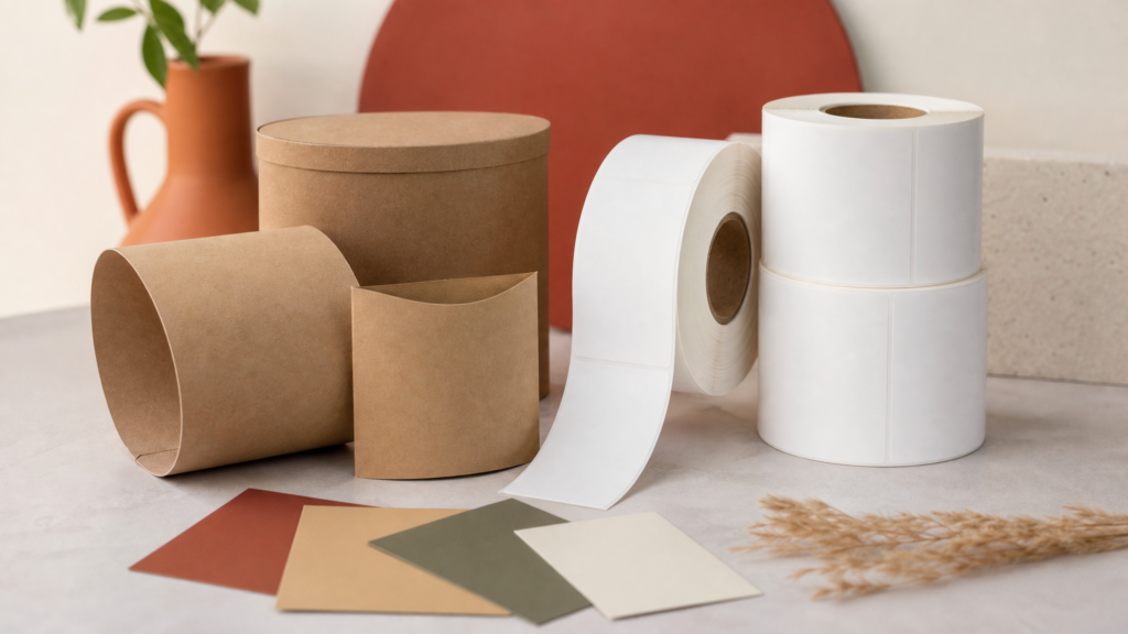 Roll-to-roll label production samples and a press commissioning checklist on a worktable