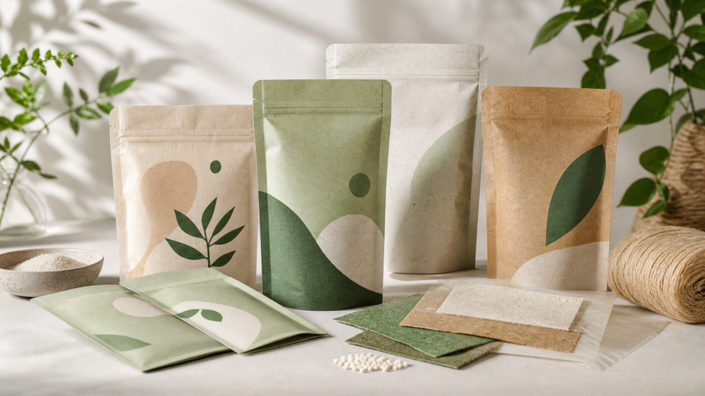 Flexible packaging film and pouch material samples arranged for a sustainability review