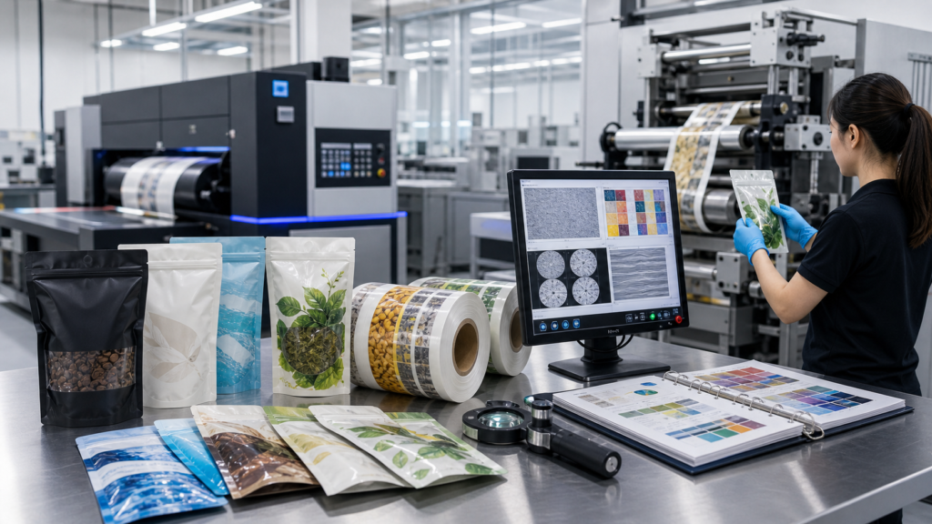 Packaging quality team reviewing printed film, seal samples, barcodes, and a controlled production specification