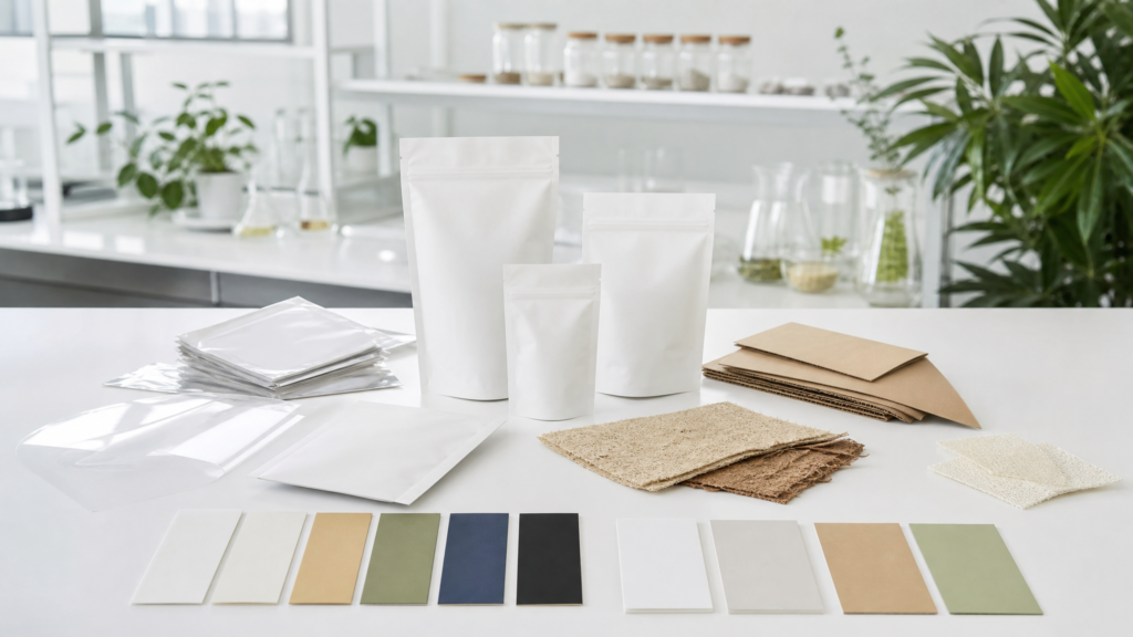 Flexible food packaging rolls moving through a digital printing and inspection line