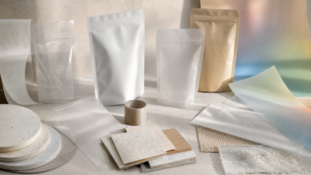 Flexible pouches mono-material films and textured label samples