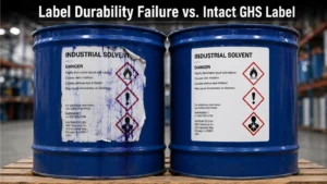 GHS label durability failure on an industrial drum compared to an intact hazard label.
