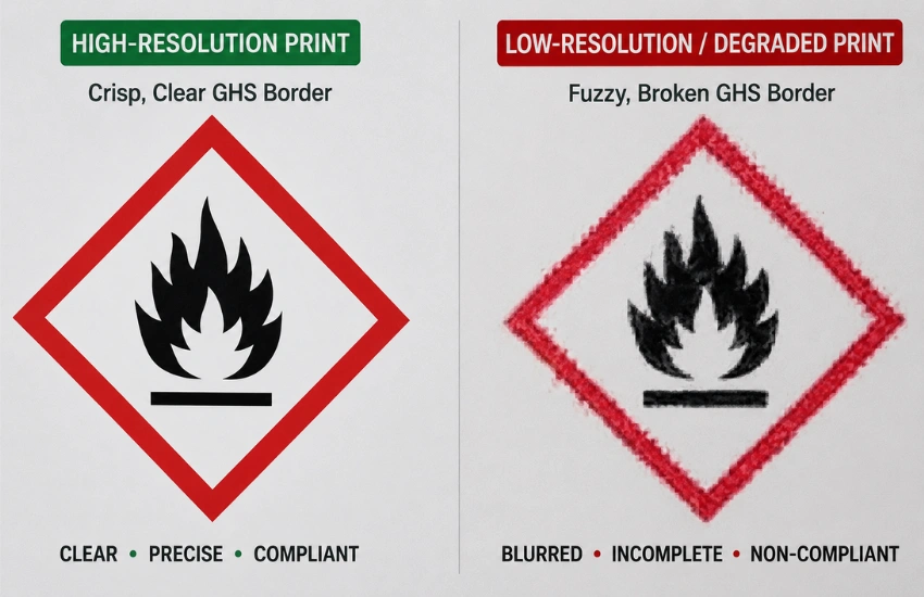 High-resolution GHS pictogram printing compared to a low-resolution, degraded pictogram border.