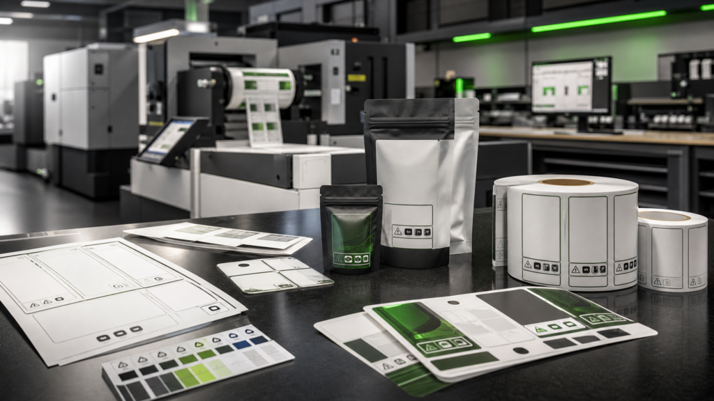 Cannabis package label proofs with warning-panel layouts, codes, and material swatches