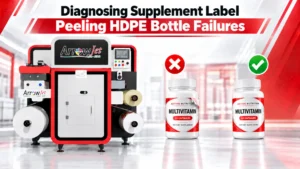 Diagnosing supplement label peeling failures on HDPE bottles.