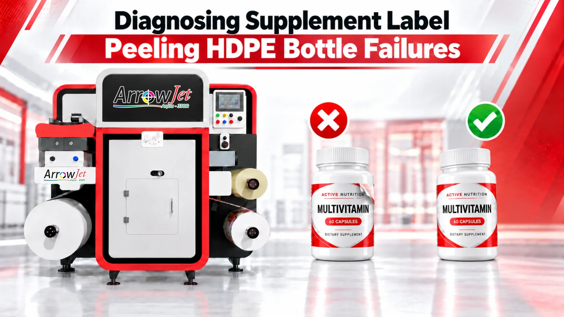 Diagnosing supplement label peeling failures on HDPE bottles.