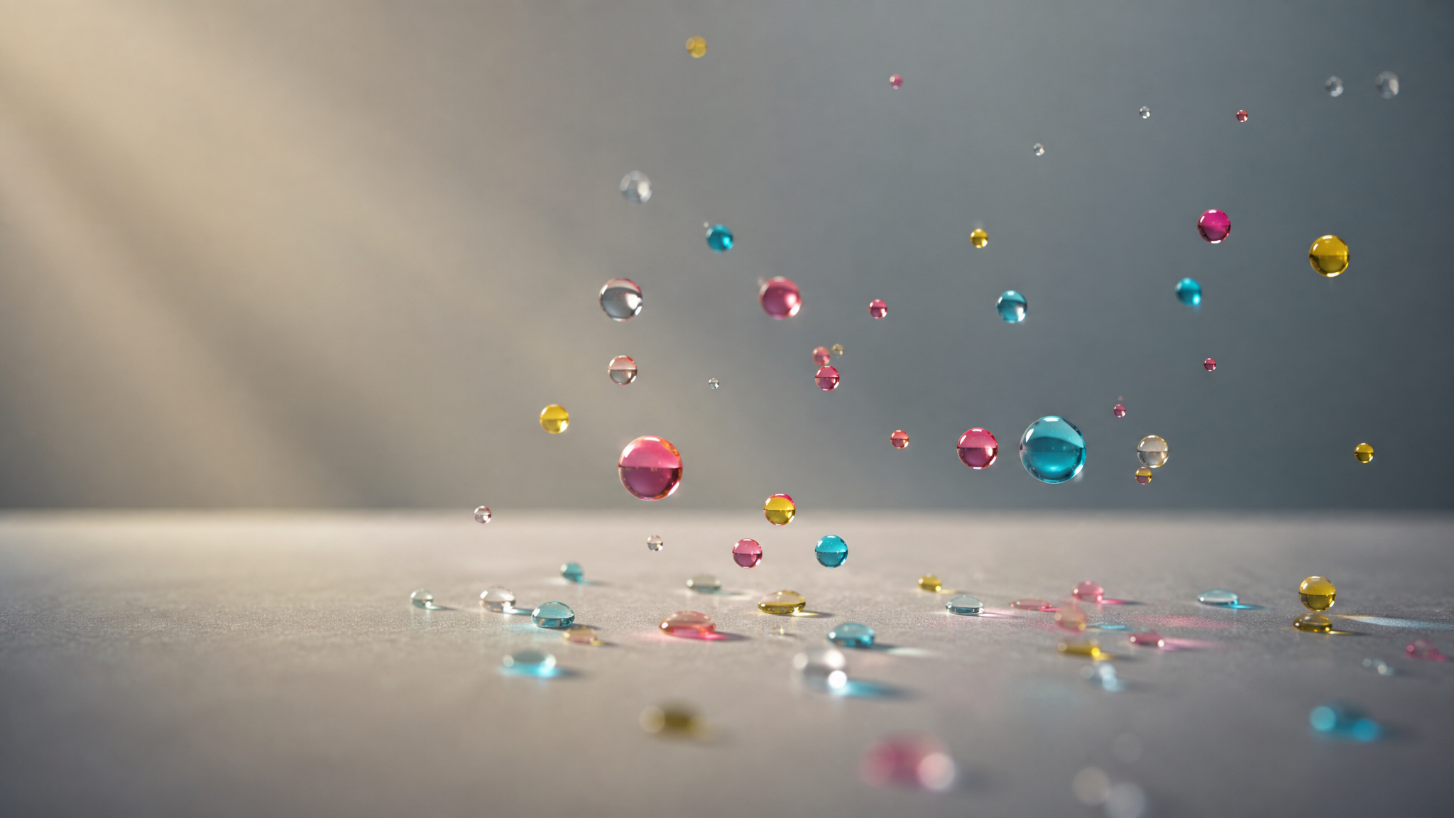 Tiny colored ink droplets suspended above a plain printing substrate