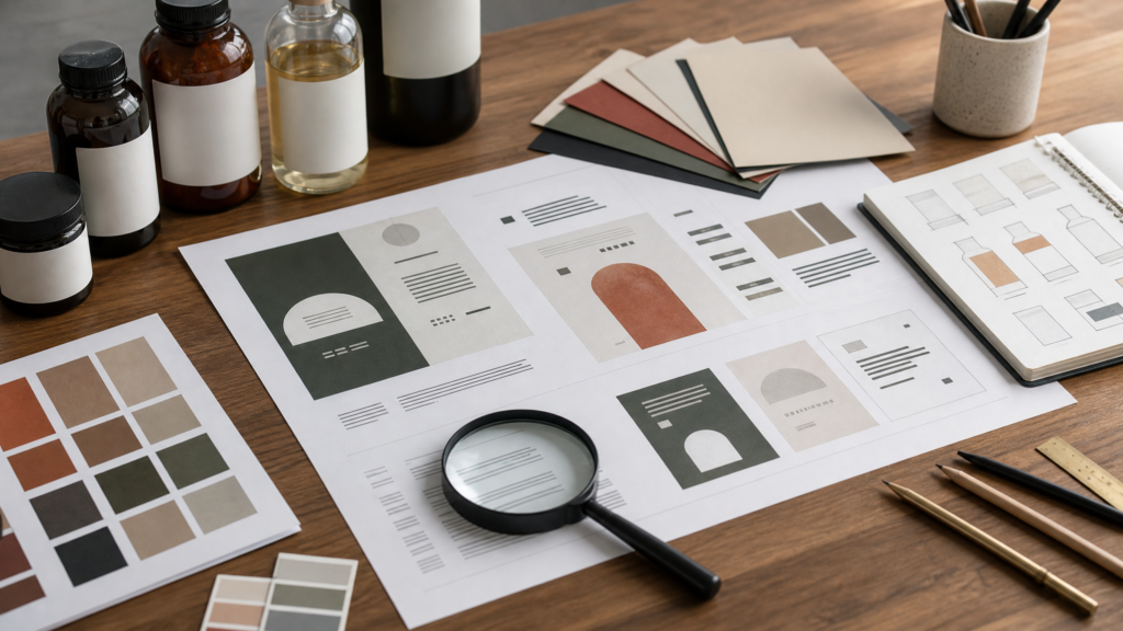 Printed label typography proofs at actual size beside bottles, color swatches, and a magnifier