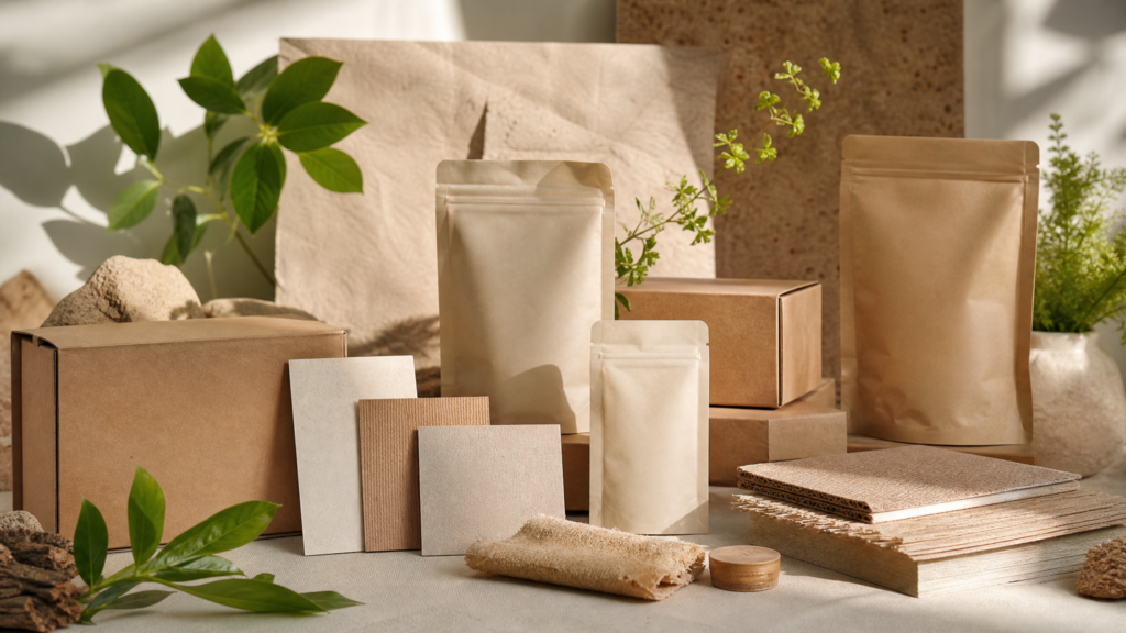 Operator reviewing eco-friendly packaging samples for material, color, and finishing quality