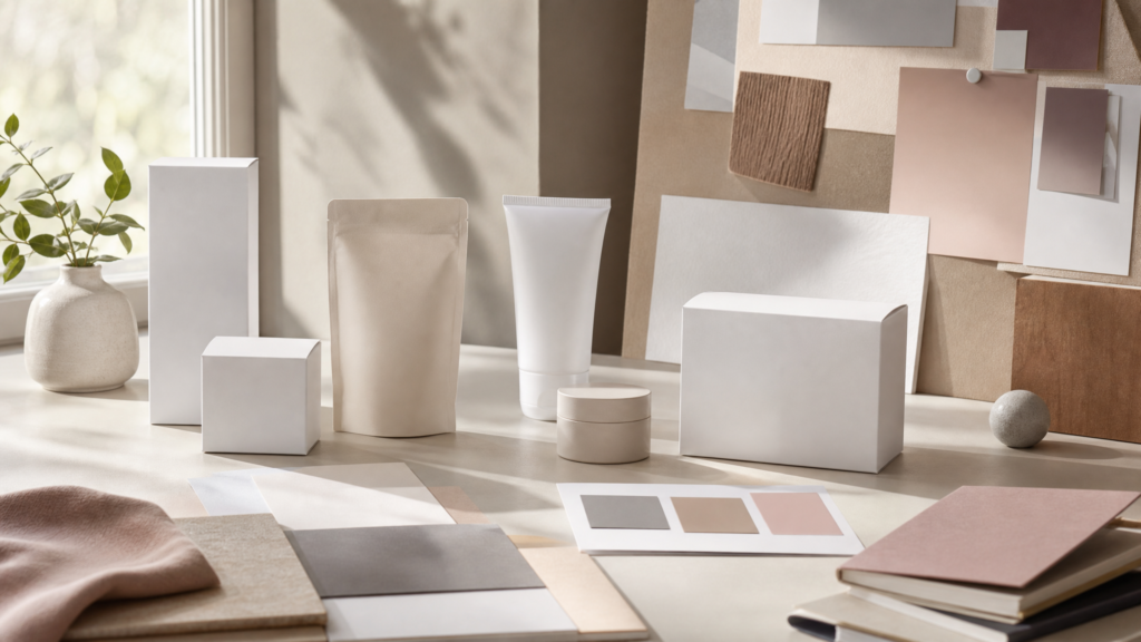 Consistent branded labels, pouches and boxes arranged across a product family