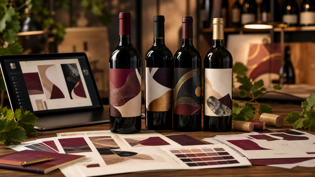 Wine bottles with printed label proofs, paper and film swatches, and an inspection loupe