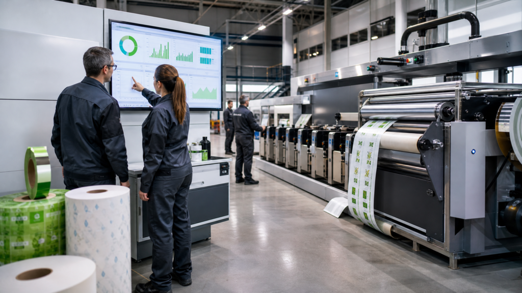 Digital print operators reviewing job costs, maintenance status, material tests, and production data at a label press