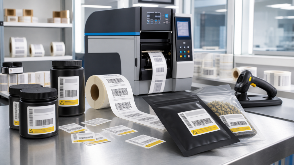Cannabis package label with a scannable barcode, variable batch data, and controlled potency fields