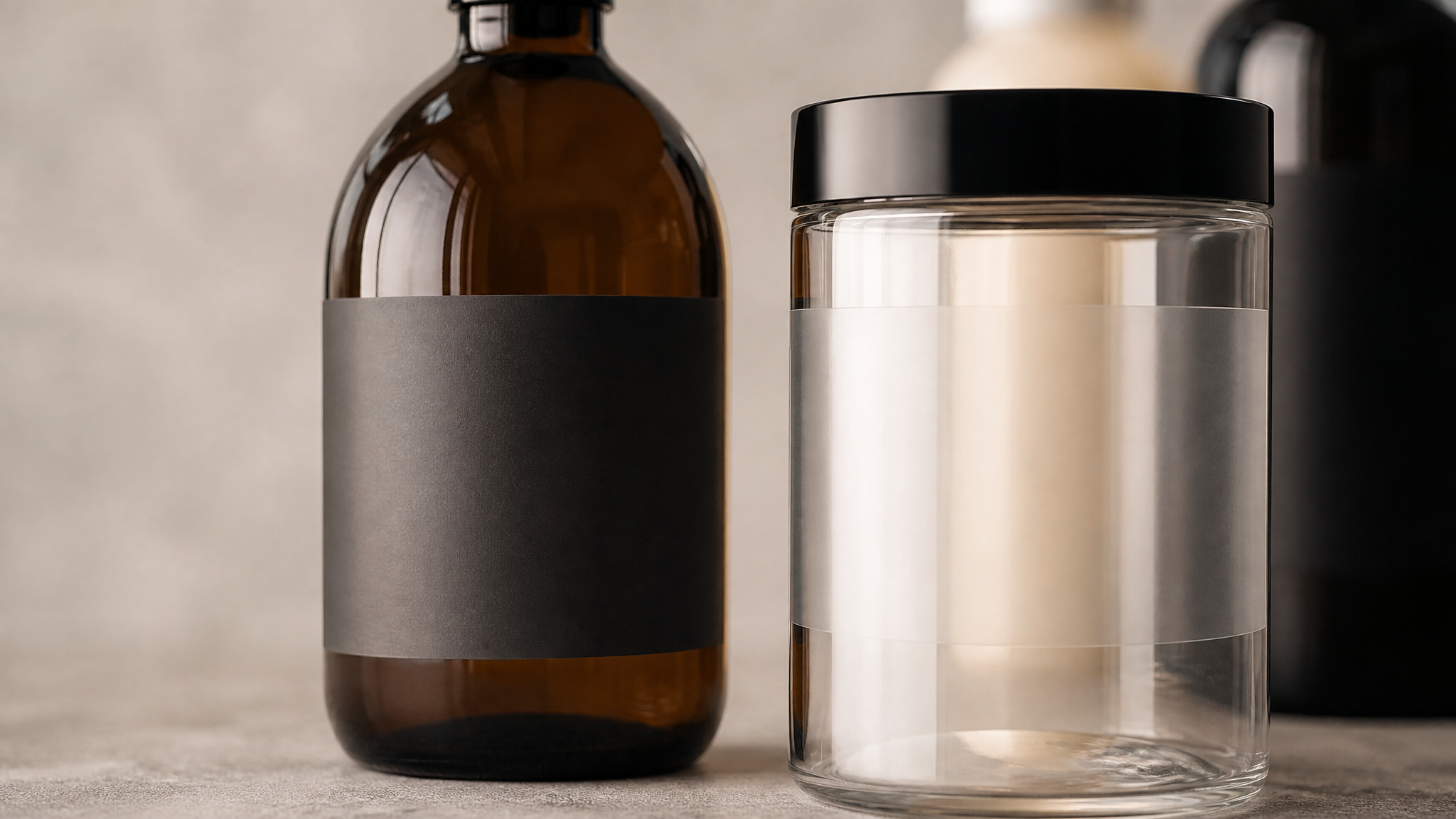 Clear and dark blank labels on unbranded containers showing opaque white areas
