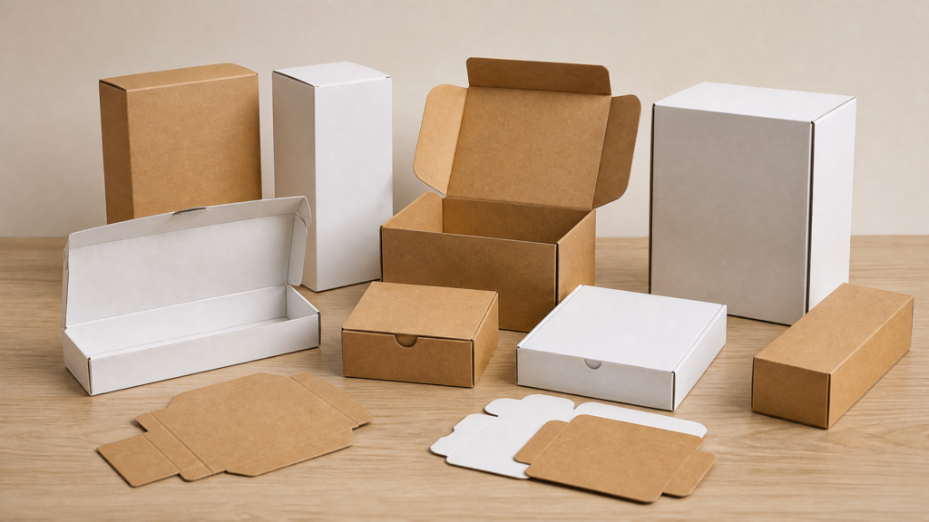 Blank white and kraft corrugated boxes prepared for custom digital printing