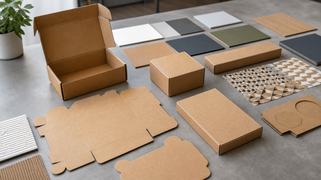Custom corrugated boxes, flat carton blanks, dielines, and printed packaging samples